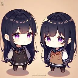 Clear focus, High resolution, long black hair, purple eyes, wearing a sailor uniform, wearing a brown vest, wearing a sailor skirt, chibi, cute, cartoon