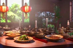 Photographie gastronomique d'un menu asiatique traditionnel: potage, des ha kao, des nouilles sautées au bœuf saté., fruits et légumes exotiques, Belle table de restaurant, vaisselle est en porcelaine de Chine et en argent, Éclairage parfait, reflets discrets, proportions réels, instagramable, photo de une de magazines, majestueux, royal, magnifique, 8k, hdr, cinema 4d, rendu octane, unreal engine 5