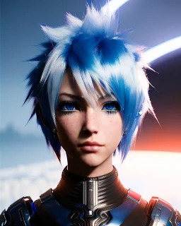 smirking Cyborg anime warrior, light blue hair, short and messy hairstyle, pierced ears, vivid blue eyes, waist up portrait, 8k resolution, intricate details, ornate details, soft lighting, vibrant colors, retroanime, masterpiece, intricate eyeliner, dark eyeshadow, eyes, intricate tattoos, futuristic cityscape background