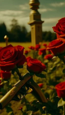 two golden guns above a grave in a field full of red roses.cinematic