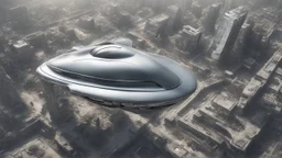 a photorealistic silver spaceship shaped like a sleek car flying over a ruined city