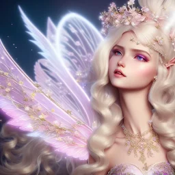 cute fantasy fairy with luminous wings, smiling, make up, long platinum blond hair with crown and flowers, pink dress, unreal engine