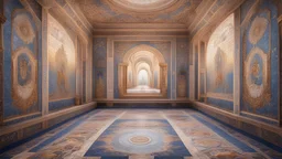 Superb pictorial mosaic floor, tapestry-lined walls, relaxation, luxury, dream world, calm beauty, symmetry, fantasy world, magic, beautiful composition, exquisite detail, 135mm lens