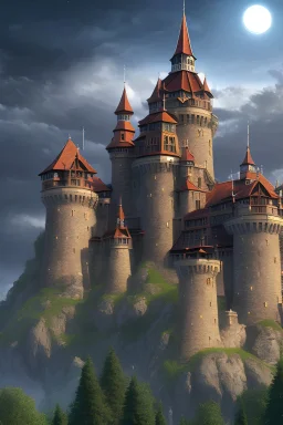 Medieval castle, on a hill, moonlit background, single image
