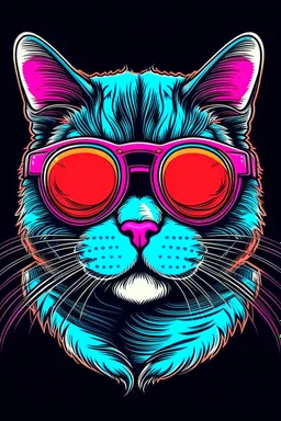 Cat wearing sunglasses, Style: Retro 80s, Mood: Groovy, Lighting: Neon Glow, T-shirt design graphic, vector, contour, white background.