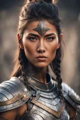 Young warrior woman with Asian eyes, tanned skin, serious look, wearing a epic armor