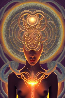 Spiritual being with Tentacles over human Head creating reality around, wrapping Spiral around people, Psychedelic