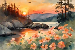Amazing beautiful sunset, flowers, rocks, mountains, trees, epic, winslow homer watercolor paintings