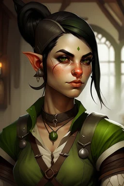 Dungeons and dragons half orc tomboy. She has green skin and pointy ears. She is kind. She is handsome. She has nice eyes. She has short black hair. She is strong. She is in a tavern. She has broad shoulders. She has a large jaw. She has small tusks. Realistic style