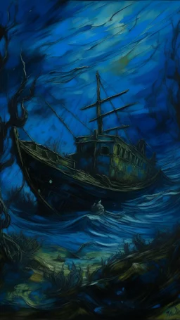 A dark blue underwater shipwreck painted by Vincent van Gogh