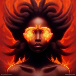 3D. Detailed Painting .realistic. Dark skin women. Beautiful. the faces of two young black women. Warm. Fire nymphs emerging from the flames.red.. Energy. Focus. THeir hair looks like smoke .smoke curling. Dreadlocs. Their skin is the colour of charcoal . Their hair moves like smoke. . their clothing is made of flames, red. Orange. Yellow. White and gold