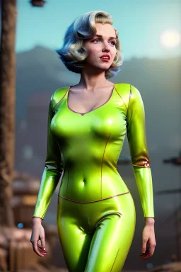 Realistic movie image, retro sci-fi, portrait, blonde action woman, sweet Marylin Monroe face, perfect iris, glow eyes. tight latex tights suit. Retro strange planet, cars flying. epic style, vibrant color, highly detailed, unreal engine 5, ray tracing, RTX, lumen lighting, ultra detail, volumetric lighting, 3d, finely drawn, high definition, high resolution.