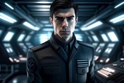 Handsome military junior Intel officer, dark hair, on deck of star cruiser ship, hyper photo realistic, detailed, cinematic lighting