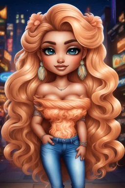 create an airbrush illustration of a chibi cartoon curvy polynesian female wearing Tight blue jeans and a peach off the shoulder blouse. Prominent make up with long lashes and hazel eyes. She is wearing brown feather earrings. Highly detailed long blonde shiny wavy hair that's flowing to the side. Background of a night club.