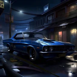 draw a photorealistic los angeles city scape in urban decay ruin porn at night in a cyberpunk dystopian fashion with a beat up old 67 barracuda on the street