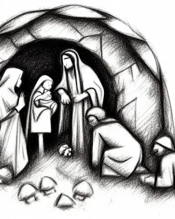 Nativity scene bomb rubble Ukraine baby pencil sketch