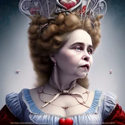 "Queen of Hearts"fat old woman book character of "Alice in the wonderland"Lewis Carroll,Helena Bonham Carter style.Detailed face,detailed Queen of Hearts, detailed eyes, Realistic lighting,elegant dress disney style,nasty smile.James Bobin move style. baroque, intricate patterns, fractalism.style by Disney,Chie Yoshii,earnst haeckel,james jean,tim burton