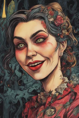 a cartoon illustration of a schizophrenic goth vampire girl , in the cartoon style of Lynda Barry , Ernie Pook's Comeek, vibrant natural colors, , museum quality masterpiece