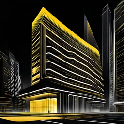 Ilustración minimalista de una edificio estilo Zaha Hadid en la ciudad arte nouveau neón lineal color negro blanco y amarillo calidad ultra fondo ciudad