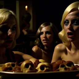 Horror movie shot, spooky, hot, ultra realistic, dine, horns, ultra realistic hot blonde women, party, pieces of meat, organs, ail, dynamic, very excited people, hypermaximalist figures, light, 1970's Italian horror movie, sinister,, Dario Argento, Stanley Kubrik, ornate, 4k, photorealism
