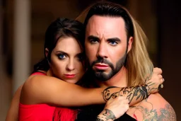 Jason David Frank short dark hair with hugging pretty blonde shorthaired sad girl crying, photo realistic, modern dark fantasy, penthouse