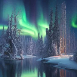 the most beautiful, stunning, magical winter forest surrounding reflective lake and vibrant, brilliant northern lights filling the sky, high-quality, fine-detail, 8k resolution, photorealistic, extremely intricate, digital art