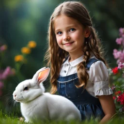 very beautiful realistic10 years old girl with a Rabbit