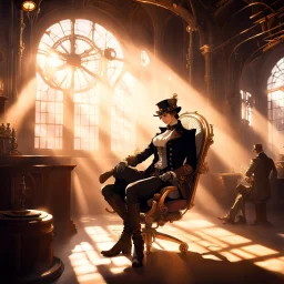 "In the center of the image, a person is seated on a comfortable chair wearing Steampunk attire. The room is cast in a gentle shadow, with sunlight streaming in from the side, creating a warm and inviting atmosphere."