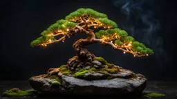 A bonsai tree with Christmas lights on a wet rock with moss,dark background