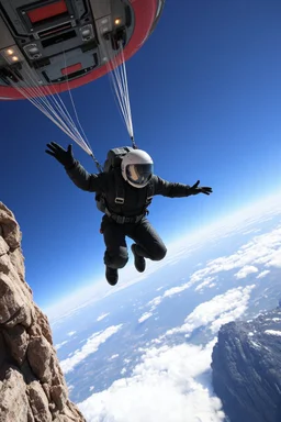 close up on paratrooper from spaceship jumping over cliff hang