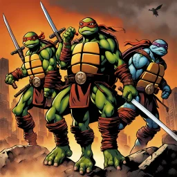 The Teenage Mutant Ninja Turtles confronting the Four Horsemen of the Apocalypse.