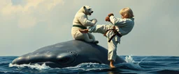close up on karate kid in kick boxing polar bear match on top of whale, painted by rembrandt
