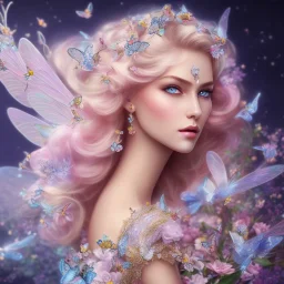 bright fairy, unic beautiful portrait, blond hair,blue eyes, flowery luminous pastel colors, butterfly