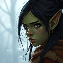 A digital illustration shoot from a portrait camera angle of an orc girl with dull green skin, she is an 9 year old orcish child and has long black hair, Fantasy, ice
