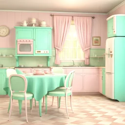 1950s style kitchen, realistic, hidden object game style, super detailed, 8k, round 1950 style table, interior, Italian view, soft colors in pale pink, turquoise and F. soft light, 1950 styled kitchen table, fridge, stove, kitchen appliances, cupboards, pale pink and turquoise curtains