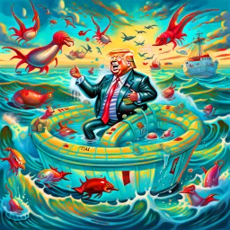 Donald Trump as a Fat man in a claw foot bathtub sinking in the ocean. Water lapping at the top of the tub. Panic on his face. Scared, screaming for help. Surrounded by seagulls, lobsters and crabs. there is a colorful light house with dark stormy skies in the background. Lightening and wind blows. He's in trouble.