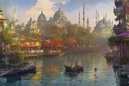 Boat restaurants in front of Empire Metropolis+hanging garden of babylon+karnaca+rome+istanbul+Burano+barocco Skyscraper+steampunk+colorful city,alphonse mucha,greg rutkowski,matte painting, cryengine