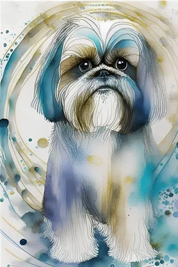 Abstract wet watercolour of a Shih tzu ink lines, interlinked circles,detailed focus on eyes