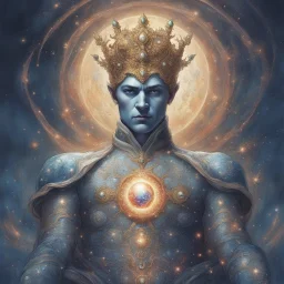 A divine being made from the combination of water and sun with cosmic powers and Dracula God-like man with infinite power who owns the galaxies and wears a beautiful crown A battle suit made of galaxies and stars with a glove that has seven endless stones with a mighty army behind him