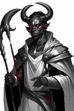 En Young male black skin black hair tiefling Wizard with large horns glowing Silver and White symbols Everywhere on his body. He's wearing silver and White Rope and a silver cloak. His horn a perfectly place on acet from the front to the back pointing upwards with glowing Red cat Eyes holding a quarterstaff. His close is elegant get simple