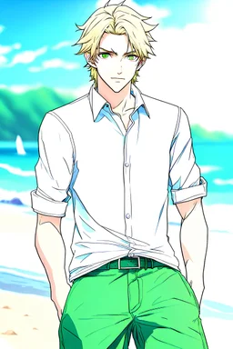 The handsome and perfect portrait is on Spruce Street, anime, blonde-haired and green-eyed male character on the beach for the magazine, 8K resolution, high quality, ultra graphics, and detailed with lines.