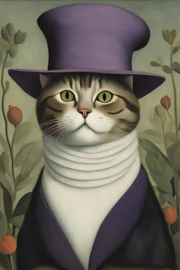 Portrait of a cat with purple big hat, by Henri Rousseau