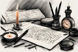 A hand writing a nostalgic letter, pens, an inkwell and a candle, a picture in shades of black, painted with crayon, high quality details