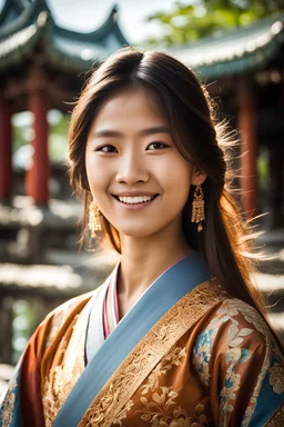 A smiling Thai girl with light brown long hair and intense topaz eyes, few freakles, dressed in kimono , budist temple in background, raw foto, natural colors, dynamic light and shadow, very detailed scene with intricate details,