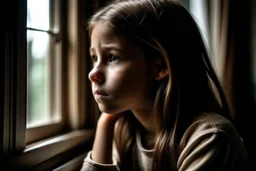 An 11-year-old girl looks out of a window inside the classroom, her hand is not visible, her skin is between brown and white