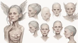 Woman Body: torn Skin: heavily tattooed Extremities: emaciated Face: wrinkled Hair: oily Eyes: hazel Nose: straight Mouth: small lower lips Height: towering Supernatural trait: wings