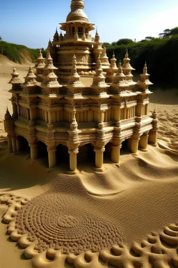 a beautiful Hindu temple model, intricate sand art in a beach, sand sculpted,