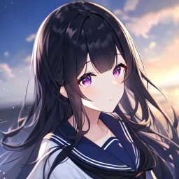 Clear focus, high resolution, black long fluffy hair, purple eyes, wearing a sailor uniform