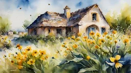 watercolor, impressionism, byzantine alcohol oil painting of a village, bee on a flower close up, 32k resolution, hyper detail, fine details, fine rendering, airbrush strokes, 8k concept art, hyper detail, intricate detail