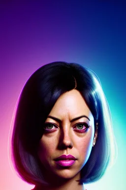Aubrey plaza, Futuristic cyborg, portrait from waist up, vibrant hair color, vibrant eye color, intricate eyeliner, vibrant eyeshadow, clear completion, soft lighting, 4k resolution, intricate details, insanely detailed, colorful cityscape background, masterpiece, expert, cinematic smooth, retroanime style, realistic details, no helmet